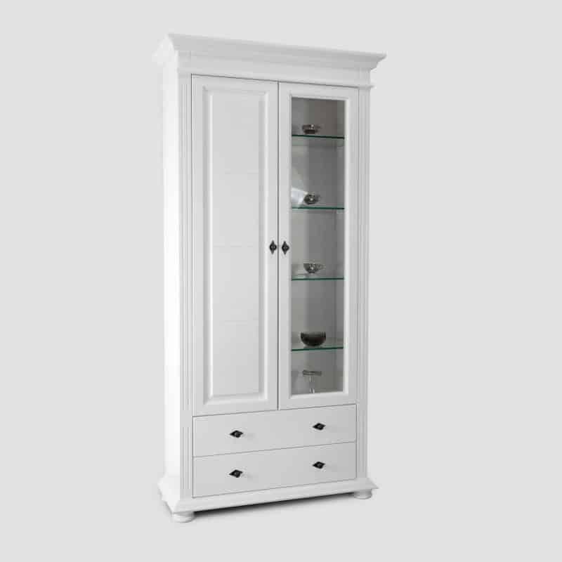 Vitrina Elena lemn masiv, 2 usi si 2 sertare, 98 x 38 x 200 cm, alb unt